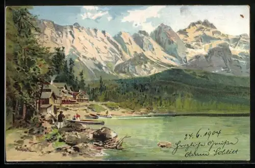 Künstler-AK Karl Heinisch: Eibsee, Totalansicht