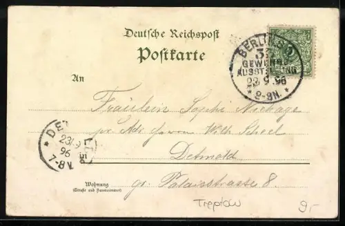 Lithographie Berlin, Gewerbe-Ausstellung 1896, Geb. f. Nahrungs- u. Genussmittel