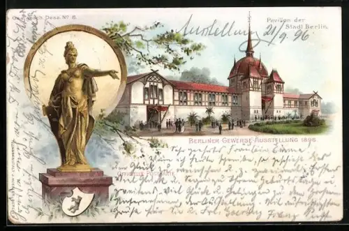 Lithographie Berlin, Gewerbe-Ausstellung 1896, Pavillon der Stadt Berlin, Wappen