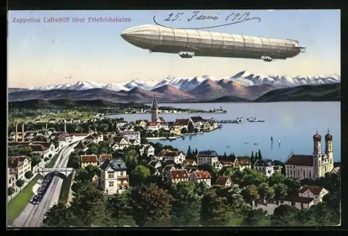 Künstler-AK Eugen Felle: Friedrichshafen, Zeppelin`sches Luftschiff, Zug