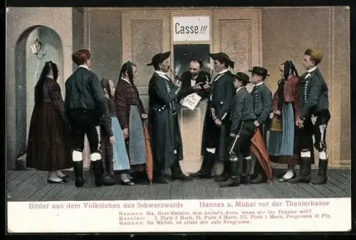 AK Hannes und Michel vor der Theaterkasse, Volksleben des Schwarzwaldes