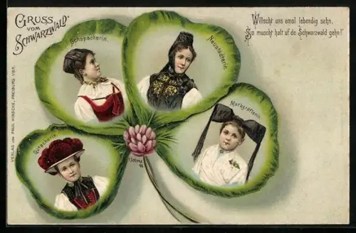 Passepartout-Lithographie Gutacherin, Schapacherin, Neustädterin und Markgräflerin in Tracht, Kleeblatt