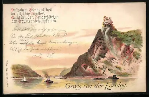 Lithographie Loreley, Schiffe fahren am Loreley-Felsen vorbei