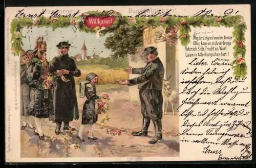 Lithographie Altenburg, Altenburger Bauernhochzeit, Brautpaar in thüringischer Tracht