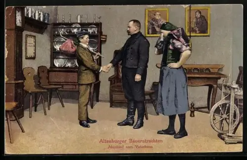AK Altenburger Bauerntrachten, Abschied vom Vaterhaus, Mutter weint