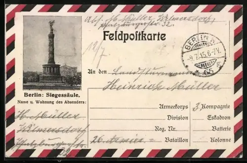 AK Berlin, Siegessäule, Feldpostkarte, Rahmen mit Nationalfarben