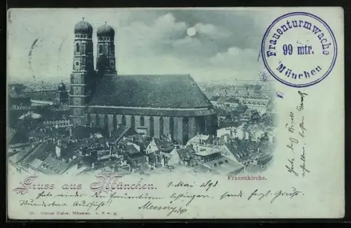 Mondschein-AK München, Frauenkirche aus der Vogelschau