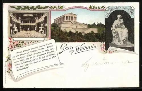 AK Regensburg, Walhalla mit Innerem, Statue