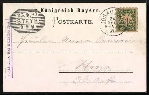 AK Regensburg, Walhalla mit Innerem, Statue