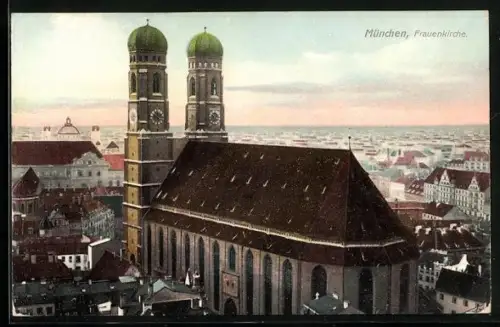 AK München, Frauenkirche mit Stadtansicht aus der Vogelschau