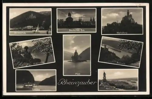 AK Rhein, Niederwald-Nationaldenkmal, Deutsches Eck, Marksburg, Burgen Rheinstein u. Stolzenfels