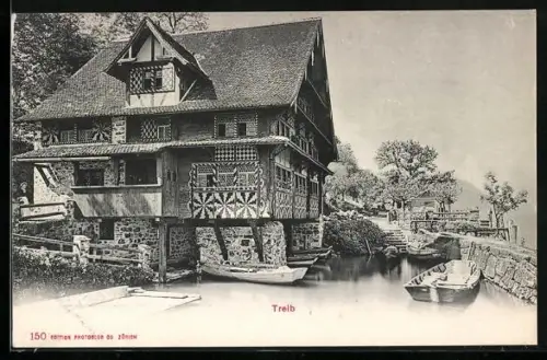 AK Vierwaldstättersee, Gaststätte Wirtshaus zur Treib mit Mauer u. Booten
