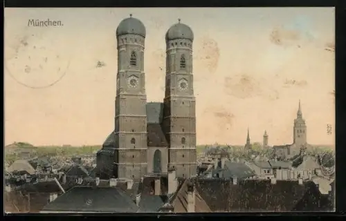 AK München, Frauenkirche mit Stadtpanorama