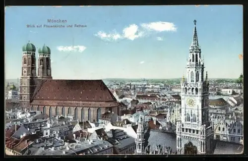 AK München, Frauenkirche und Rathaus mit Stadt aus der Vogelschau