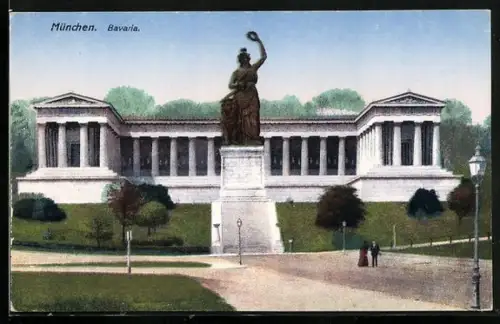 AK München, Ruhmeshalle mit Bavaria von der Strasse aus