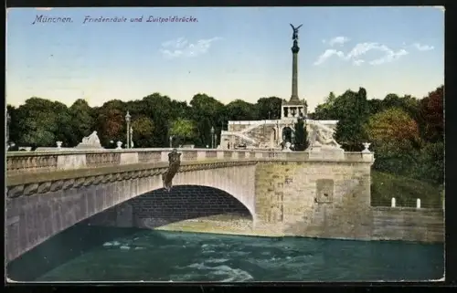 AK München, Friedensäule und Luitpoldbrücke