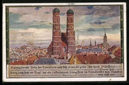 Künstler-AK München, Frauenkirche, Petersturm, Stadtansicht