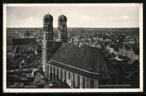 AK München, Frauenkirche und Panorama aus der Vogelschau