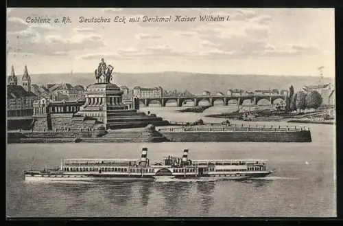 Künstler-AK Coblenz a. Rh., Deutsches Eck mit Denkmal Kaiser Wilhelm I. und Dampfer