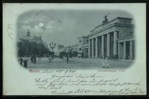 Mondschein-AK Berlin, Brandenburger Tor mit Strassenpartie