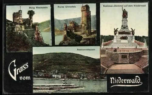 AK Assmannshausen am Rhein, Ortsansicht, Burg Rheinstein, Ruine Ehrenfels, Nationaldenkmal auf dem Niederwald