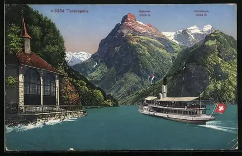 AK Dampfschiff an der Tellskapelle gegen Gitschen und Urirotstock