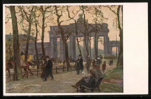 Künstler-AK Berlin, Strasse am Brandenburger Tor