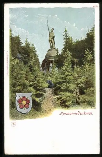 AK Hermannsdenkmal, Denkmal mit Waldpartie und Wappen