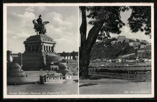 AK Koblenz, Kaiser Wilhelm Denkmal am Deutschen Eck, Festung Ehrenbreitstein