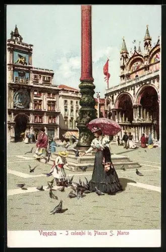 Lithographie Venezia, I colombi in Piazza S. marco