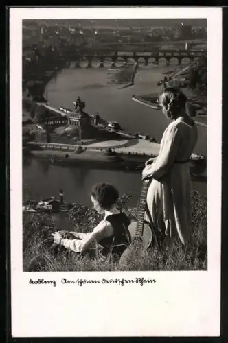 AK Koblenz, Deutsches Eck mit Denkmal und Brücke