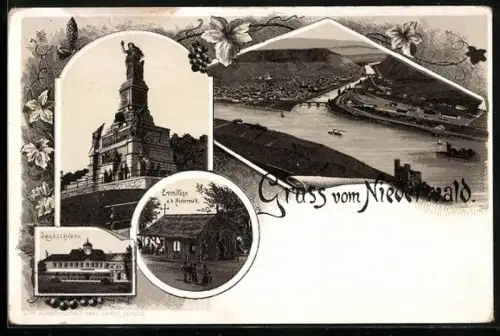 Lithographie Rüdesheim am Rhein, Eremitage, Rheinansicht, National-Denkmal