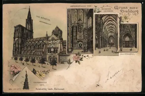 Lithographie Strassburg, Münster, Astronomische Uhr, Thurmspitze