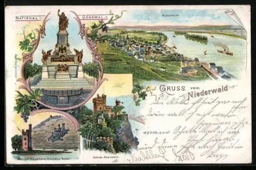 Lithographie Rüdesheim am Rhein, National-Denkmal, Blick auf Mäusethurm, Ehrenfels u. Rossel, Schloss-Rheinstein