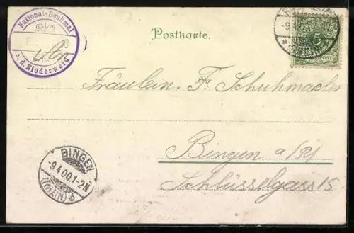 Lithographie Rüdesheim am Rhein, National-Denkmal, Blick auf Mäusethurm, Ehrenfels u. Rossel, Schloss-Rheinstein