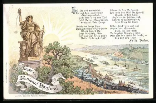Lithographie Bingen / Rhein, Nationaldenkmal mit Rheinblick, Gedicht von Felix Dahn