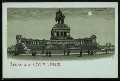 Mondschein-Lithographie Coblenz, Provinzial-Denkmal Kaiser Wilhelm I