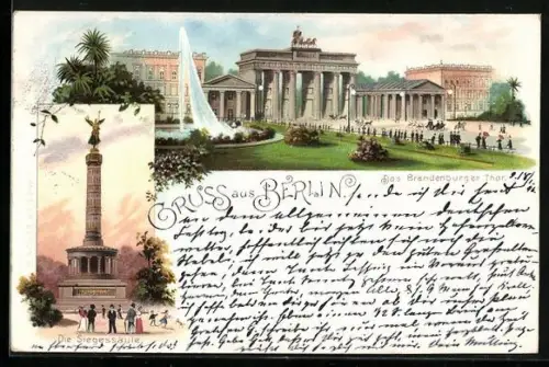 Lithographie Berlin, Brandenburger Thor, Siegessäule