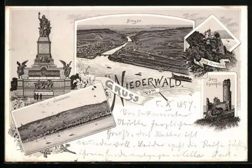Lithographie Bingen / Rhein, Panoramablick, Niederwalddenkmal, Burg Rheinstein