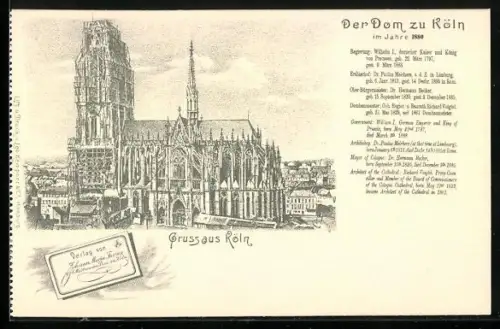 Lithographie Köln, Der Kölner Dom im Jahre 1880