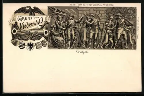 Lithographie Niederwald, Relief vom National Denkmal, Abschied