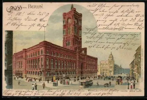 Lithographie Berlin, Rotes Rathaus, Spandauer Strasse, Strassenbahn