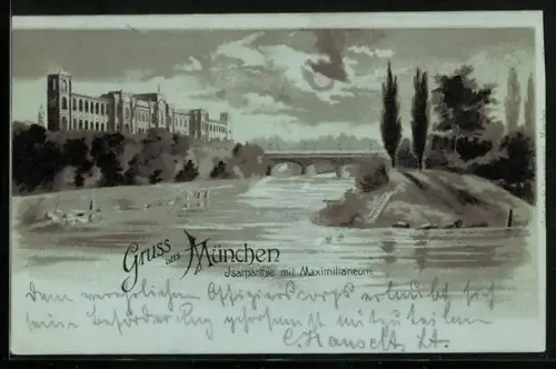 Mondschein-Lithographie München, Isarparthie mit Maximilianeum