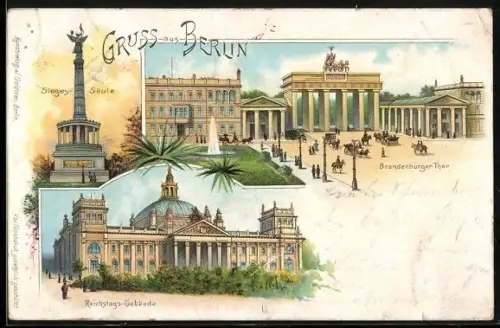 Lithographie Berlin-Tiergarten, Brandenburger Tor, Siegessäule und Reichstags-Gebäude