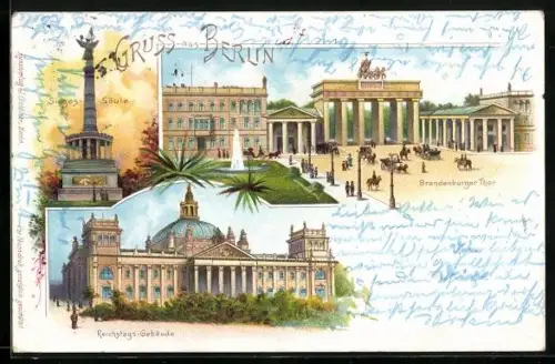 Lithographie Berlin-Tiergarten, Brandenburger Tor, Siegessäule und Reichstags-Gebäude
