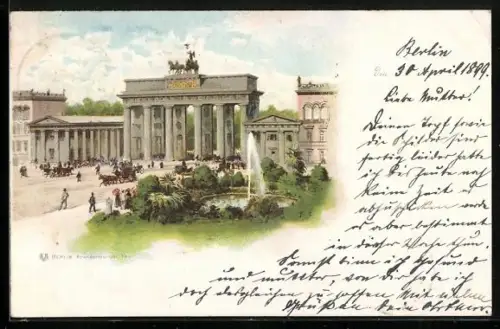 Lithographie Berlin, Brandenburger Tor mit Wasserspiel, Perl