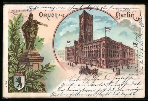 Lithographie Berlin, Strandbild der Berolina am Alexanderplatz, Rathaus um 1900