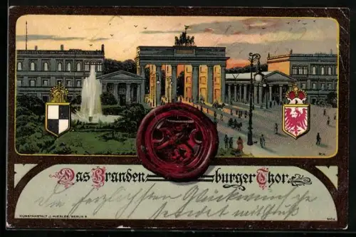 Lithographie Berlin, Brandenburger Tor mit Fontäne, Siegel, Wappen