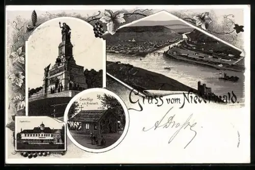 Lithographie Bingen / Rhein, Niederwalddenkmal, Blick über den Ort, Eremitage