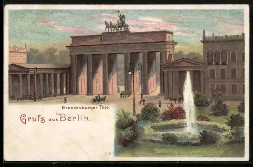 Lithographie Berlin, Brandenburger Thor in der Morgensonne